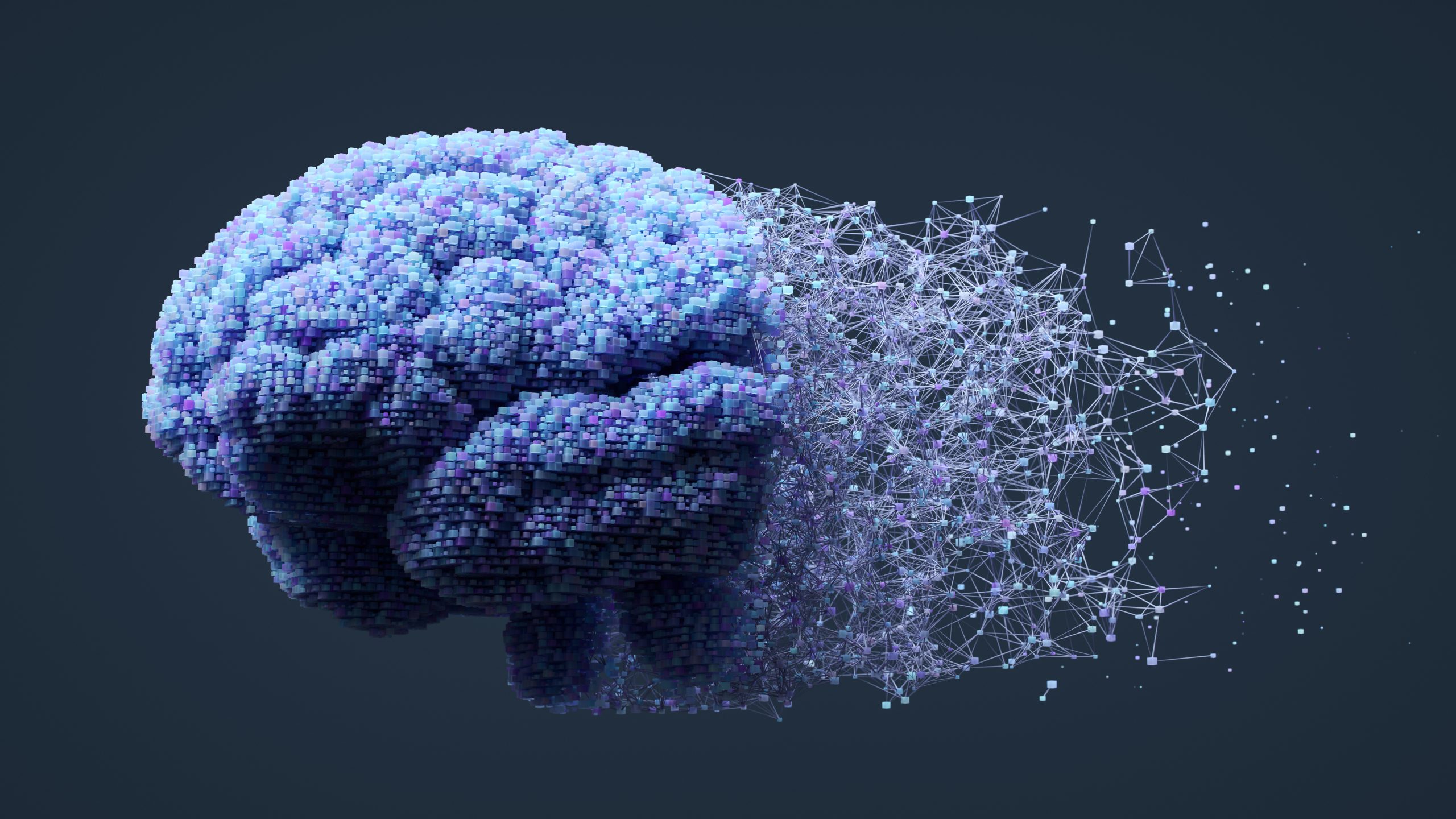 Pixelated brain dissolving into smaller pixels representing AI